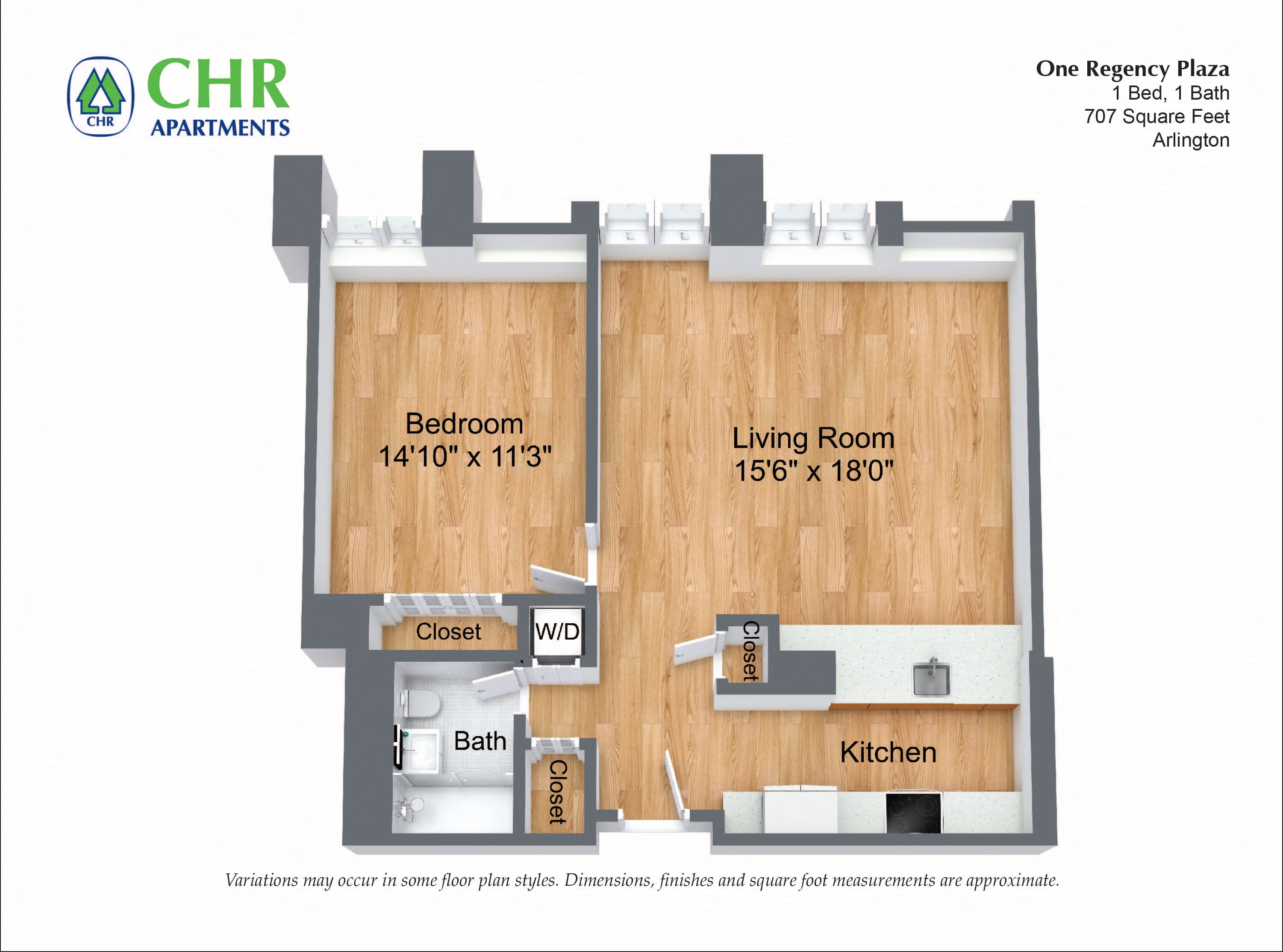 Floor plan for 1 bed, 1 bath, 776 sqft